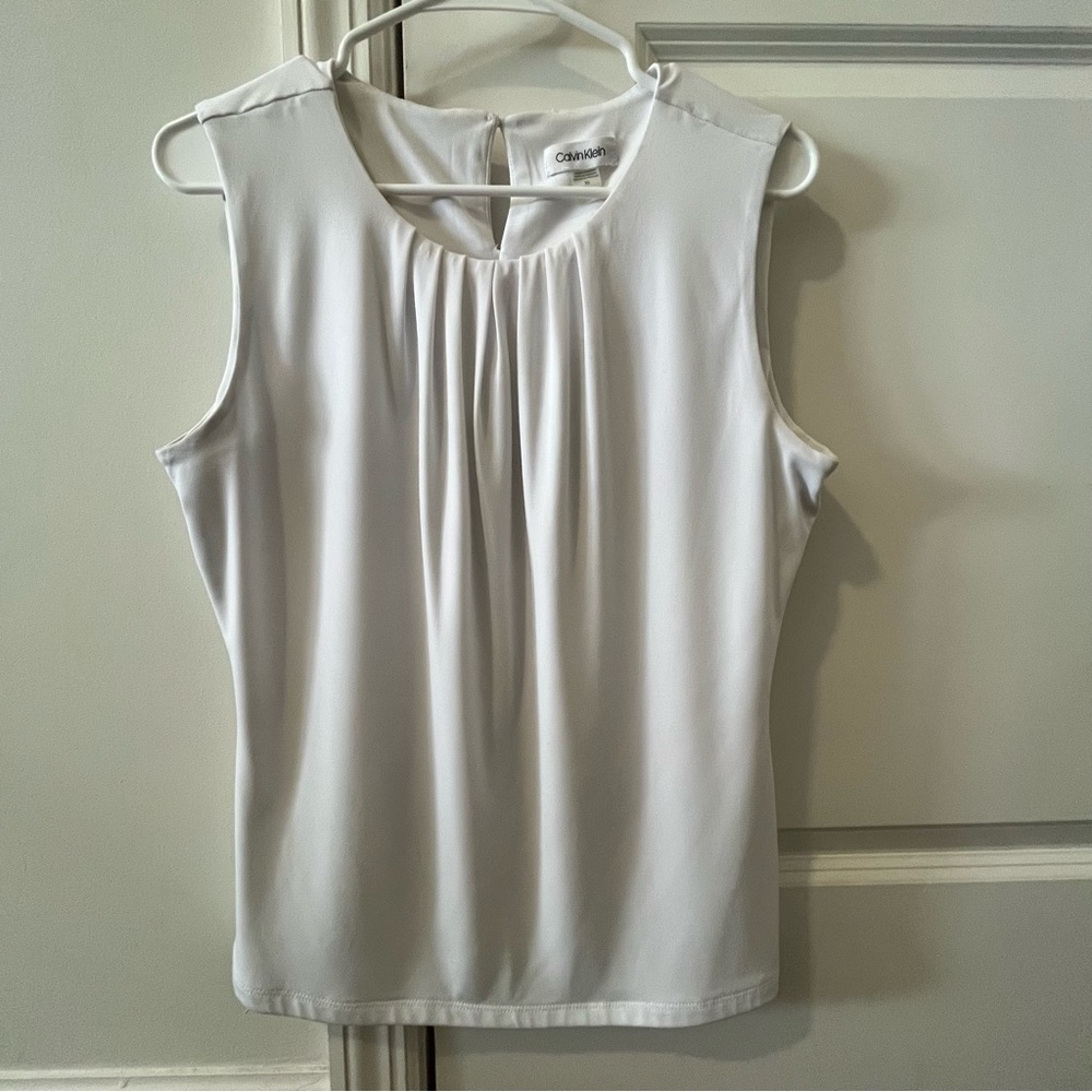 Calvin Klein Sleeveless Pleated Front Blouse in White